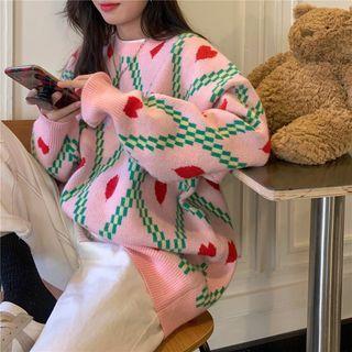 Heart Pattern Loose-fit Sweater Pink - One Size