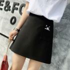 High-waist Cat Embroidered Mini A-line Skirt