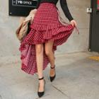 Asymmetric Ruffle-hem Plaid Midi Skirt
