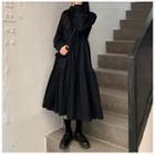Long-sleeve Ribbon-accent Midi Dress Black - One Size