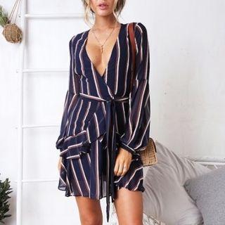 Deep-v Neck Striped Long-sleeve A-line Dress