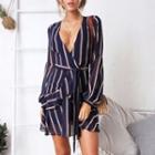Deep-v Neck Striped Long-sleeve A-line Dress