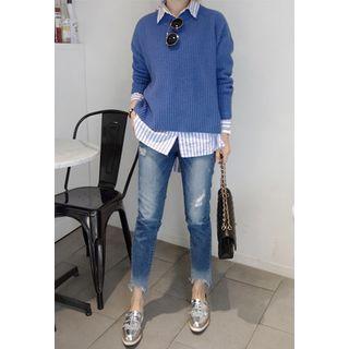 Cutout-hem Distressed Slim-fit Jeans