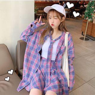 Short-sleeve T-shirt / Plaid Shirt / Necktie / Mini A-line Skirt / Set