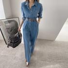 Set: Hidden-button Denim Jacket + Wide-leg Jeans Blue - One Size