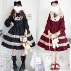 Bow Headpiece / Long-sleeve Lace Trim A-line Dress / Set