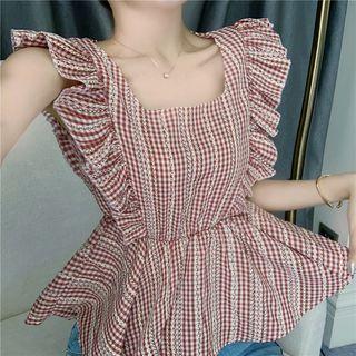 Gingham Sleeveless Ruffled Peplum Top