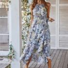 Floral Print Halter Side-slit Midi Dress