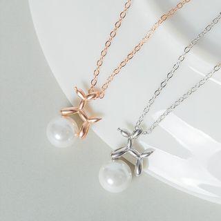 925 Sterling Silver Balloon Dog Faux Pearl Pendant Necklace