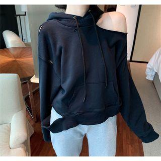 Plain Cutout Long-sleeve Hoodie Dark Blue - One Size