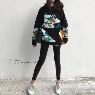 Loose-fit Printed Knit Sweater Black - One Size