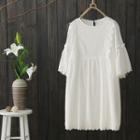 Lace Trim Elbow-sleeve A-line Dress White - One Size