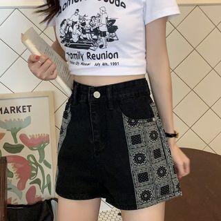 Paisley Print Panel Denim Wide-leg Shorts