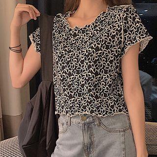 Short-sleeve Floral Top Floral - Black - One Size