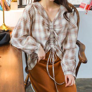 Plus Size Drawstring-front Plaid Blouse