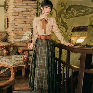 Set: Long-sleeve Checked Shirt + Midi A-line Plaid Skirt