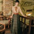 Set: Long-sleeve Checked Shirt + Midi A-line Plaid Skirt