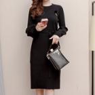 Knit Long-sleeve Tie-waist Midi H-line Dress