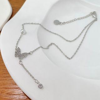 Butterfly Faux Pearl Pendant Alloy Necklace 01# - Silver - One Size