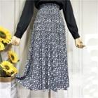Elastic-waist Pleated Floral Print A-line Dress