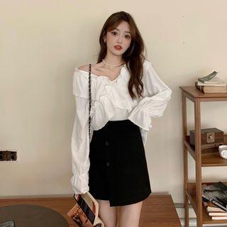 Bell-sleeve Crisscross Blouse / Asymmetrical Mini A-line Skirt