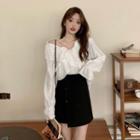 Bell-sleeve Crisscross Blouse / Asymmetrical Mini A-line Skirt
