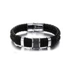 Fashion Simple Geometric 316l Stainless Steel Braided Black Leather Bracelet Silver - One Size