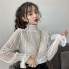 Plain Mock-neck Loose-fit Flare-sleeve Lace Top