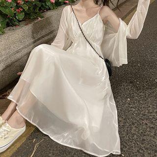 Plain Slipdress / Open-front Knit Cardigan