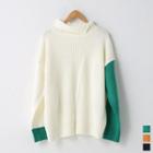 Cutout Turtle-neck Color-block Sweater
