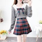 Bow Accent Sweater / Plaid Mini Pleated Skirt / Set