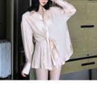Long-sleeve Plain Collar Blouse And Plain Short Wide-leg Jeans