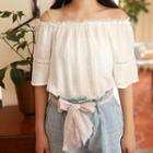 Elbow-sleeve Off-shoulder Blouse White - One Size