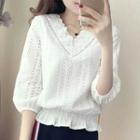 V-neck Lace Panel 3/4-sleeve Top