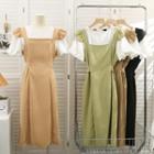 Set: Bubble-sleeve Loose Top + Sleeveless Midi Dress