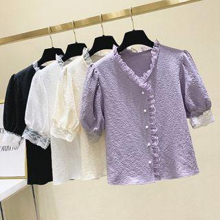 Lace Trim Crinkled Short-sleeve Blouse