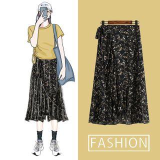 Frill Trim Floral Print Midi Skirt