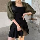 Elbow-sleeve Paneled Blouse / Mini A-line Skirt