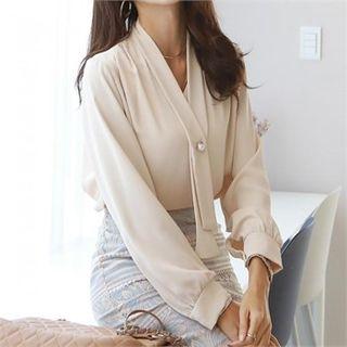 Scarf-neck Faux-pearl Trim Blouse