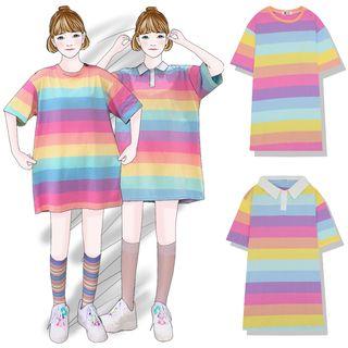 Striped Short-sleeve T-shirt Dress / Polo Dress