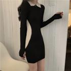 Long-sleeve Zip Neck Sheath Dress Black - One Size