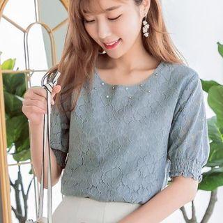 Smocked Cuff Beaded Lace Top