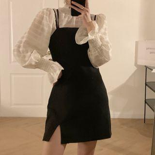 Long-sleeve Frill Trim Mock-neck Top / Strappy Mini A-line Dress