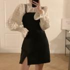 Long-sleeve Frill Trim Mock-neck Top / Strappy Mini A-line Dress