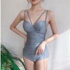 Set: Strappy Swimsuit + Long-sleeve Mesh Top