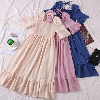 Ruffled-trim Smocked A-line Dress