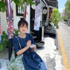 Short-sleeve Denim Midi A-line Dress Blue - One Size