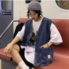 Wide Sleeveless V-neck Washed Distressed Denim Vest Blue - One Size