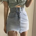 High-waist Distressed Mini Denim Skirt
