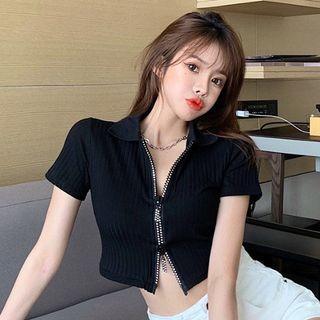 Short-sleeve Cropped Ribbed Polo Shirt